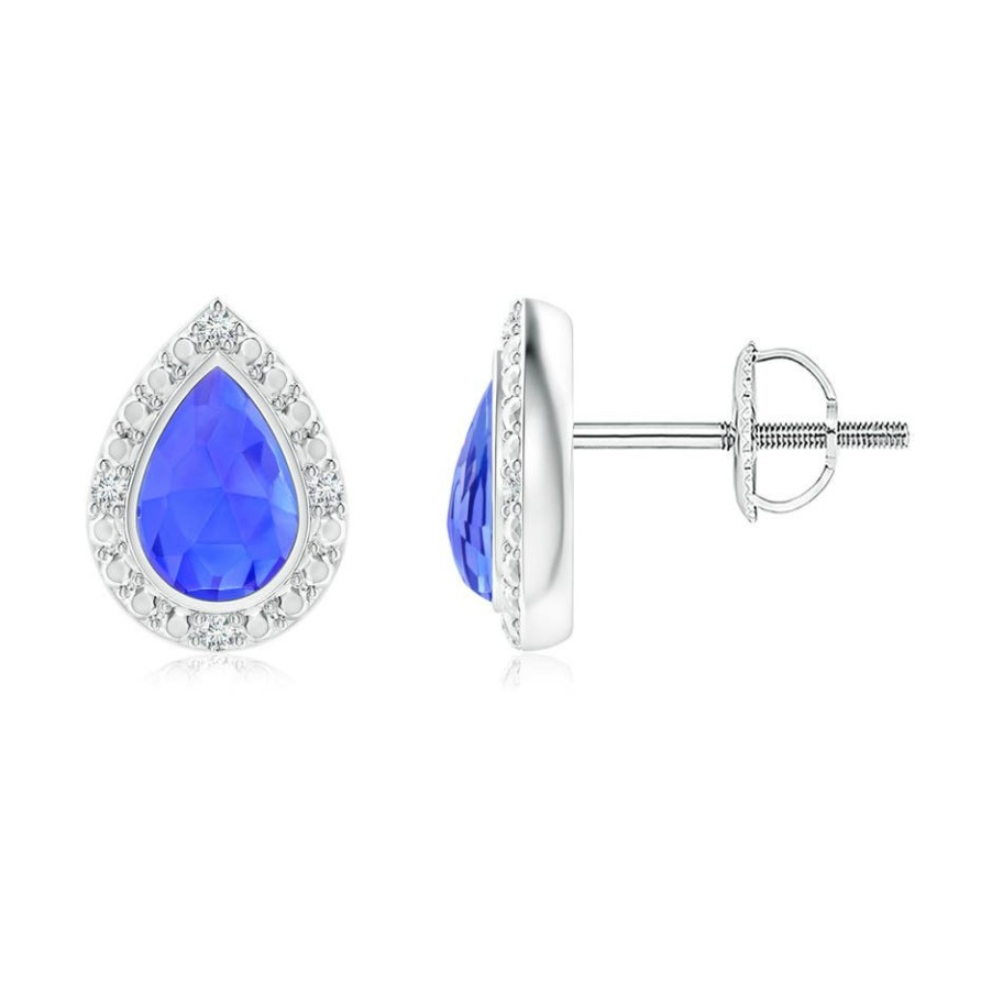 Earrings Angara Tanzanite | Bezel-Set Pear-Shaped Tanzanite Studs With Beaded Halo