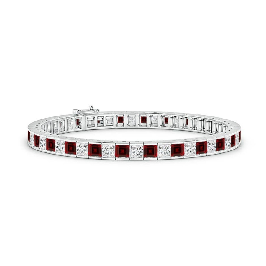 Bracelets Angara Garnet | Channel-Set Square Garnet And Diamond Tennis Bracelet