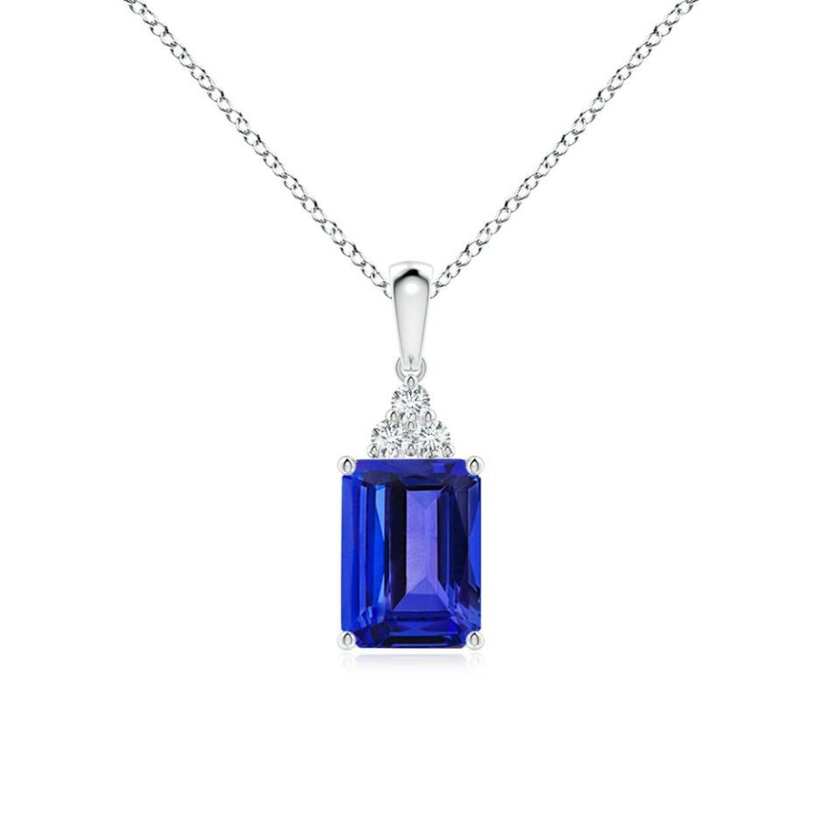 Necklaces Angara Tanzanite | Emerald-Cut Tanzanite Pendant With Diamond Trio