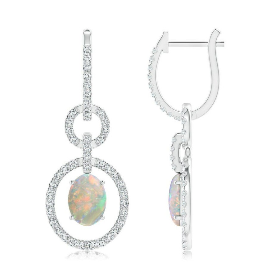 Earrings Angara Opal | Floating Oval Opal Dangle Hoop Earrings With Diamonds