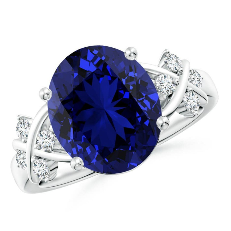 Rings Angara Blue Sapphire | Lab-Grown Solitaire Oval Blue Sapphire Criss Cross Ring With Diamonds