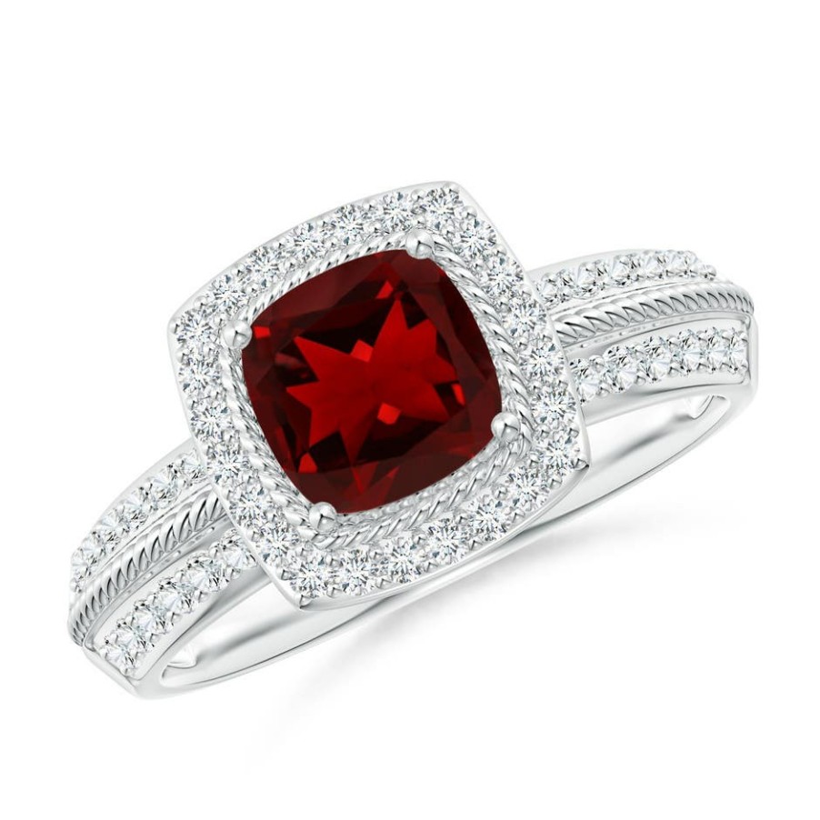 Rings Angara Garnet | Twisted Rope Cushion Garnet Halo Ring