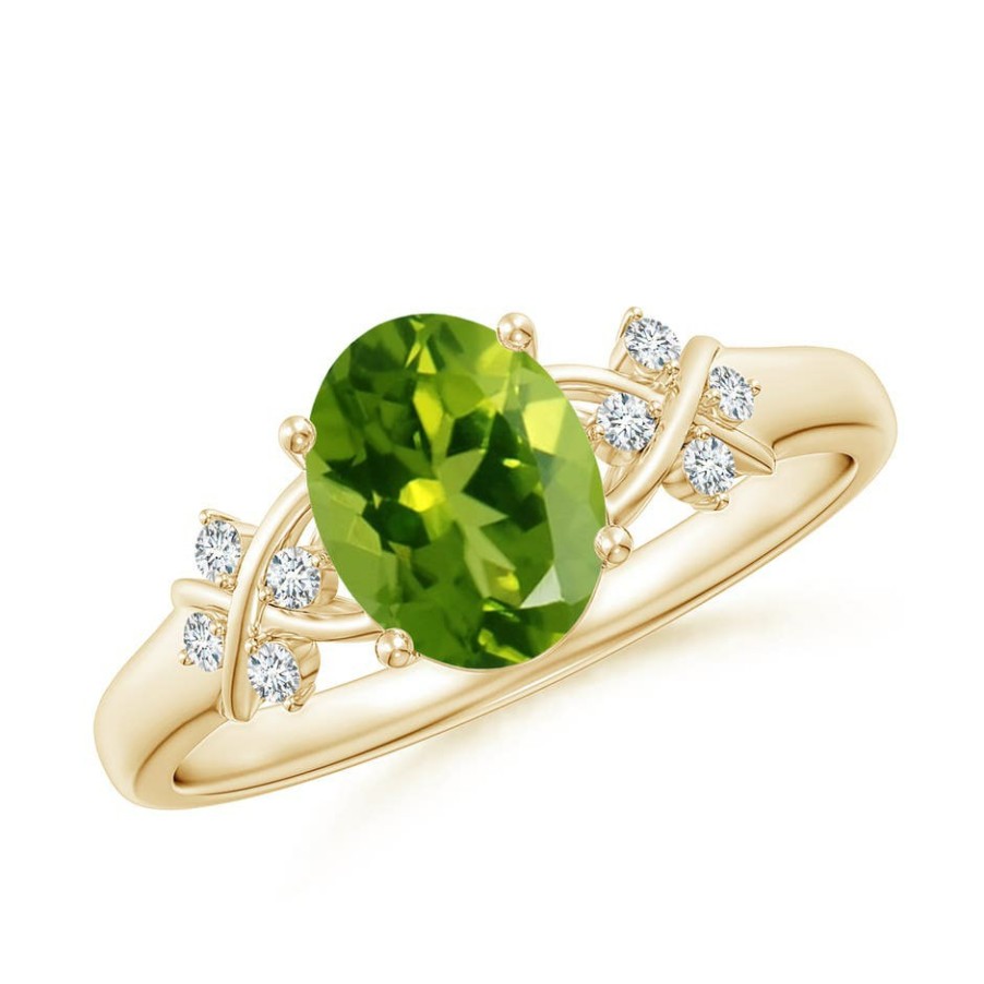 Rings Angara Peridot | Solitaire Oval Peridot Criss Cross Ring With Diamonds