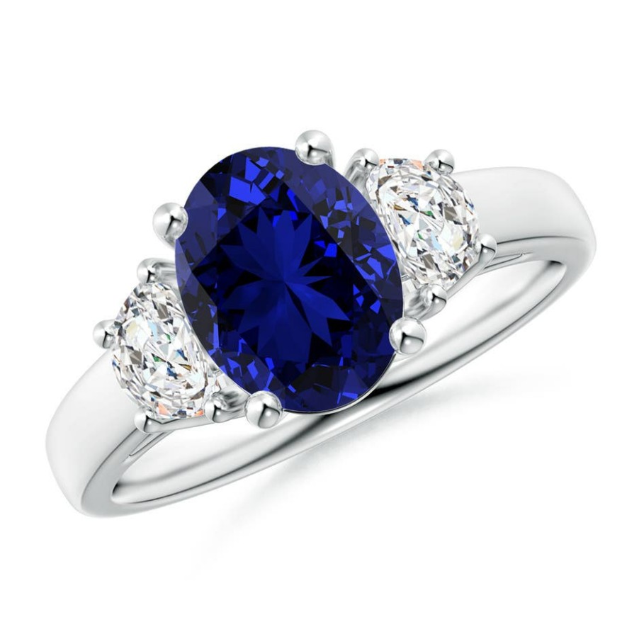 Rings Angara Blue Sapphire | Lab-Grown Three Stone Oval Blue Sapphire And Half Moon Lab Diamond Ring