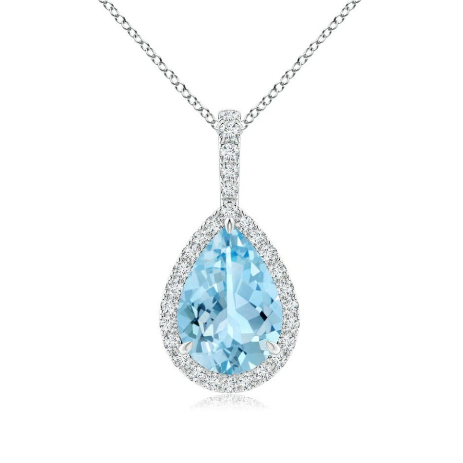 Necklaces Angara Aquamarine | Aquamarine Teardrop Pendant With Diamond Halo