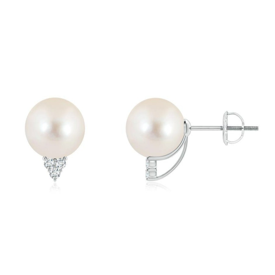 Earrings Angara Freshwater Pearl | Freshwater Pearl Earrings With Diamond Trio