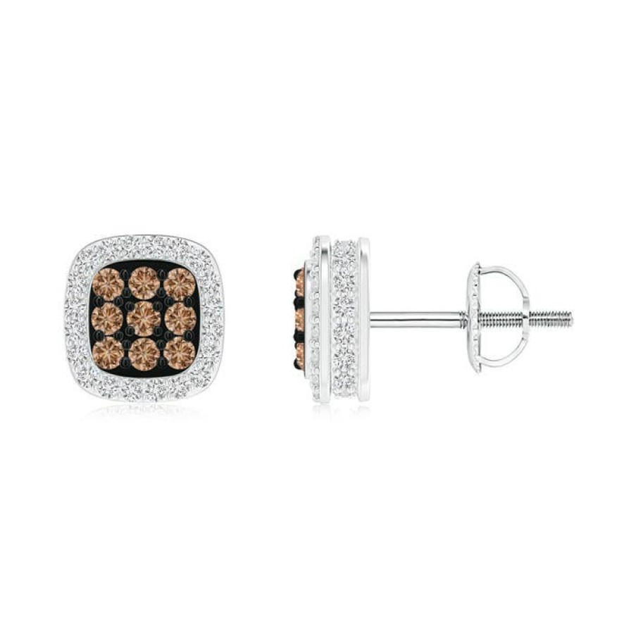 Earrings Angara Coffee Diamond | Coffee Diamond Cluster Earrings With Cushion Halo