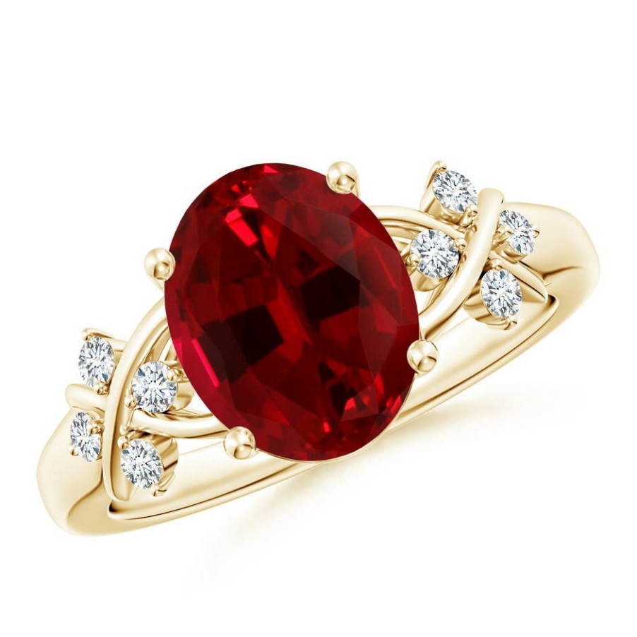 Rings Angara Ruby | Lab-Grown Solitaire Oval Ruby Criss Cross Ring With Lab Diamonds