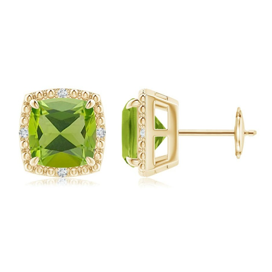 Earrings Angara Peridot | Claw-Set Cushion Peridot Beaded Halo Stud Earrings