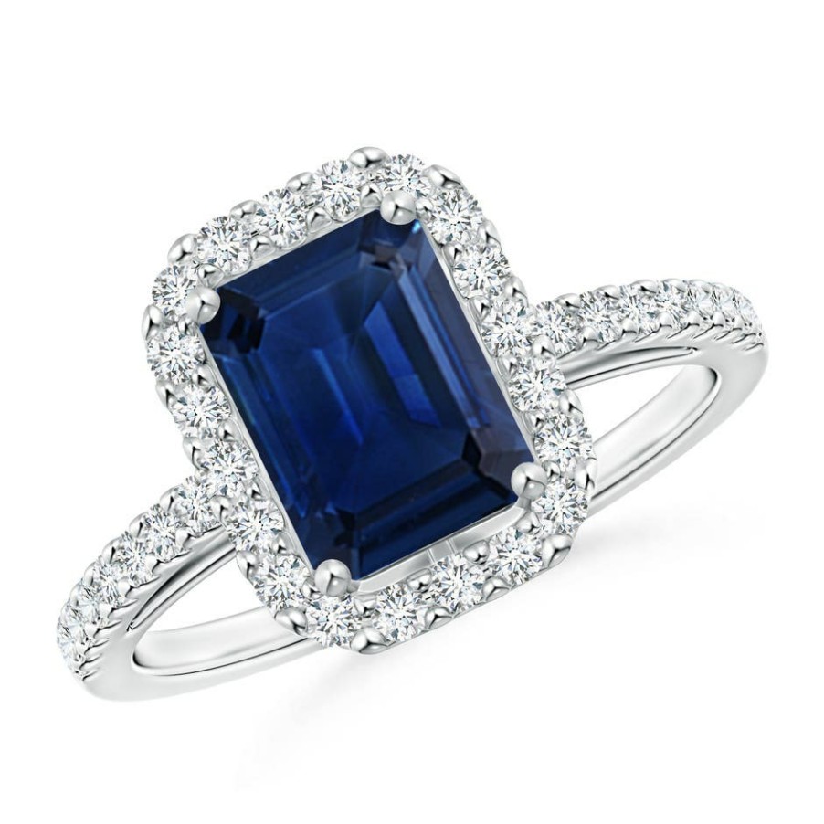 Rings Angara Blue Sapphire | Emerald-Cut Blue Sapphire Halo Ring