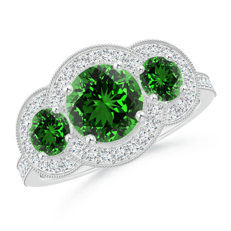 Rings Angara Emerald | Lab-Grown Aeon Vintage Inspired Emerald Halo Three Stone Engagement Ring With Milgrain