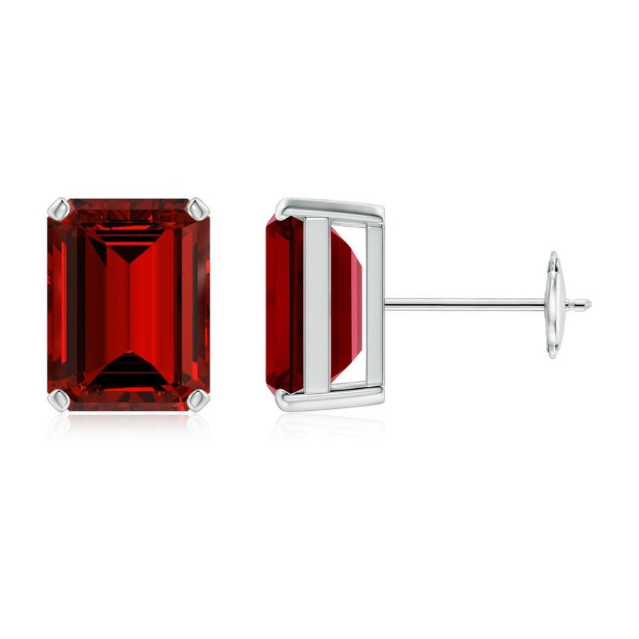 Earrings Angara Ruby | Lab-Grown Prong-Set Emerald-Cut Ruby Solitaire Stud Earrings