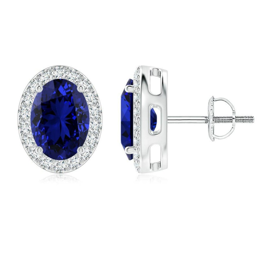 Earrings Angara Blue Sapphire | Lab-Grown Oval Blue Sapphire Studs With Lab Diamond Halo