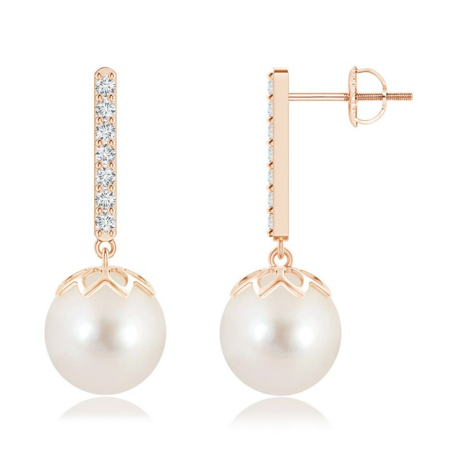 Earrings Angara Freshwater Pearl | Freshwater Pearl And Diamond Bar Drop Earrings