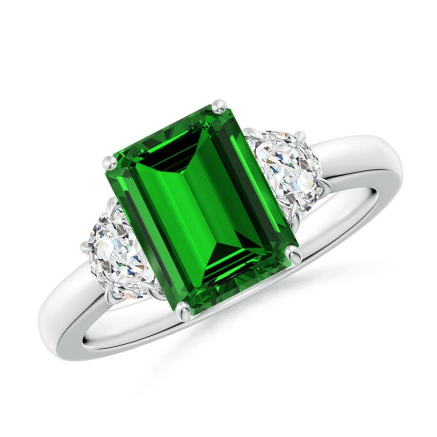 Rings Angara Emerald | Lab-Grown Emerald-Cut Emerald And Half Moon Lab Diamond Three Stone Ring