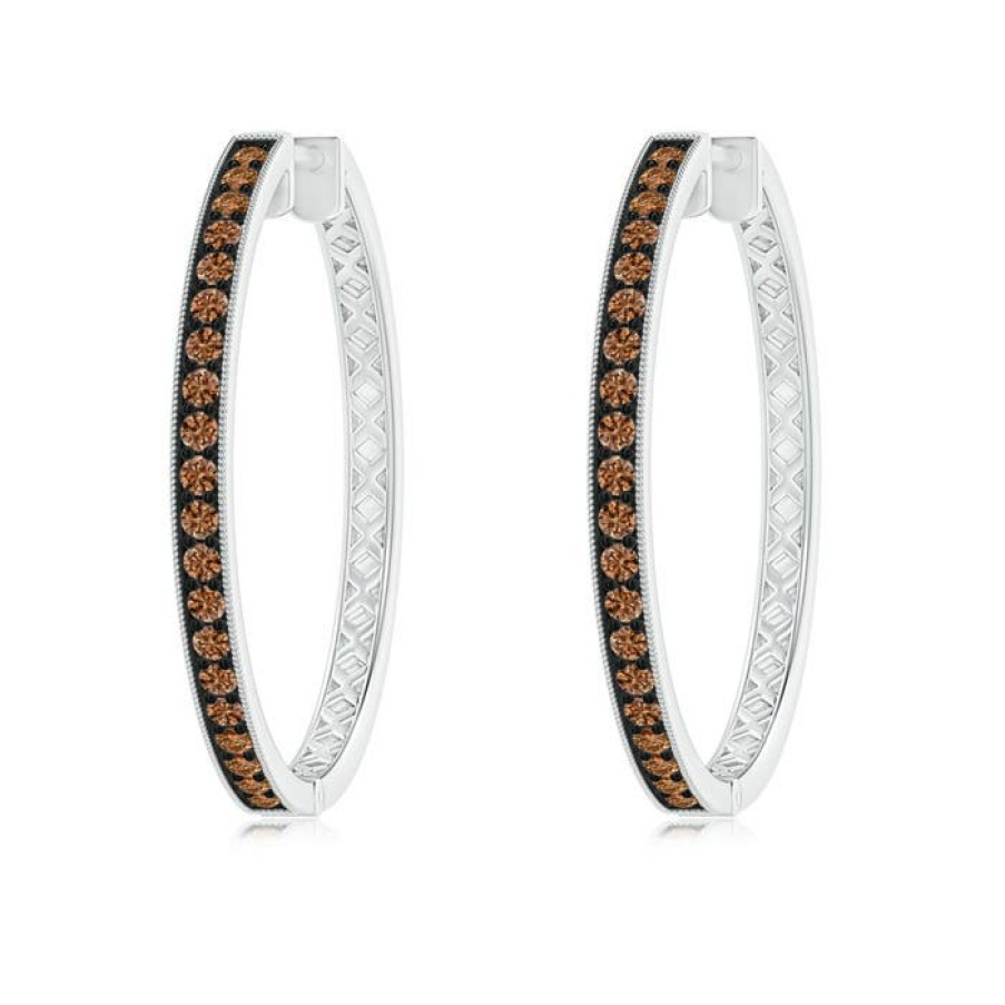 Earrings Angara Coffee Diamond | Pave-Set Coffee Diamond Hoop Earrings With Milgrain