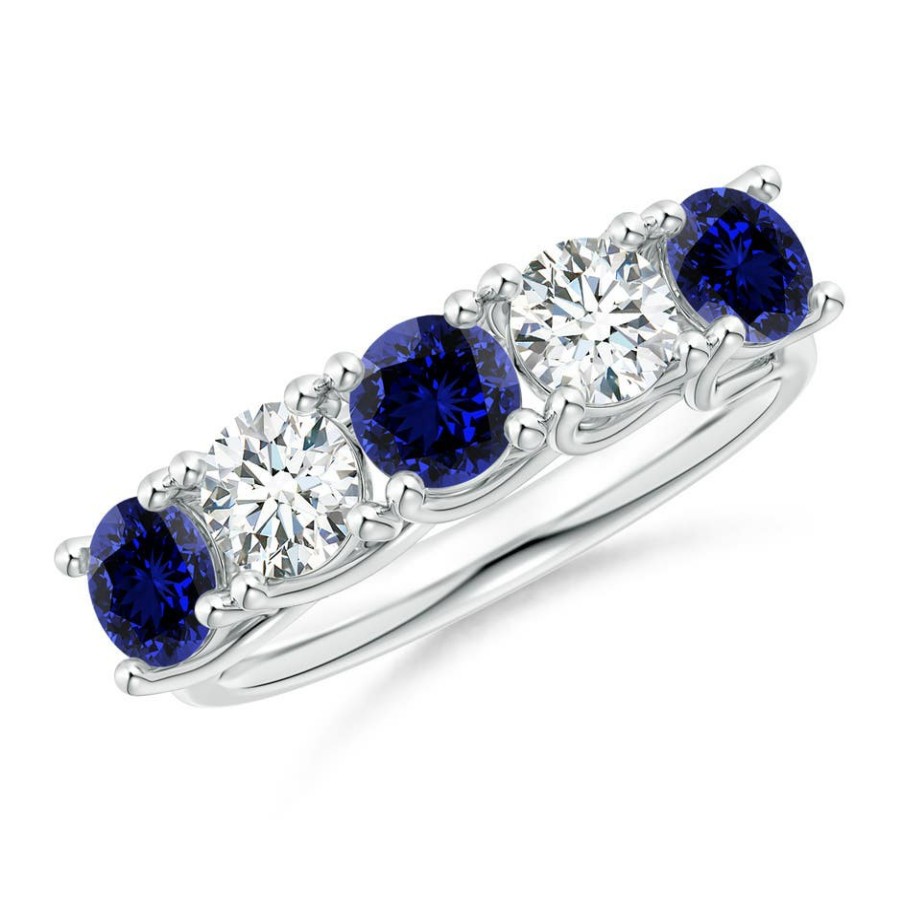 Rings Angara Blue Sapphire | Lab-Grown Half Eternity Five Stone Sapphire And Lab Diamond Wedding Ring