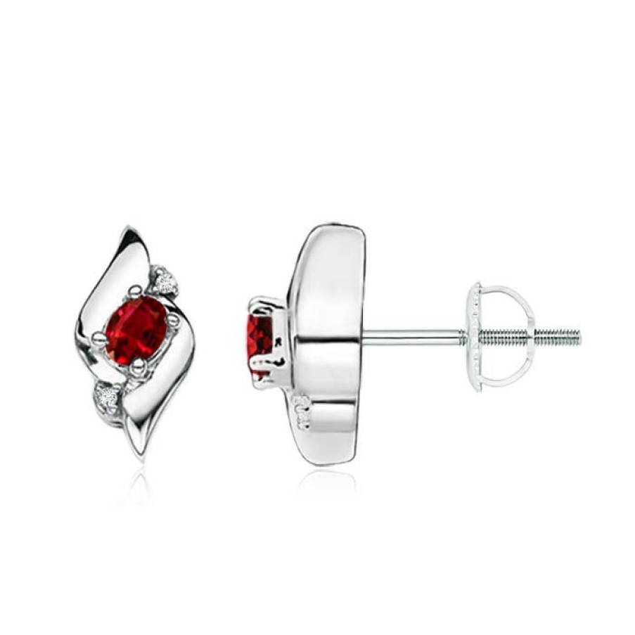 Earrings Angara Ruby | Oval Ruby And Diamond Shell Stud Earrings