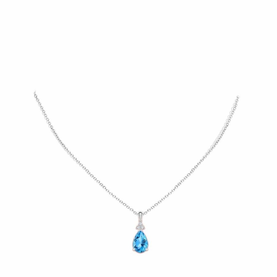 Necklaces Angara Swiss Blue Topaz | Claw-Set Swiss Blue Topaz Drop Pendant With Trio Diamonds