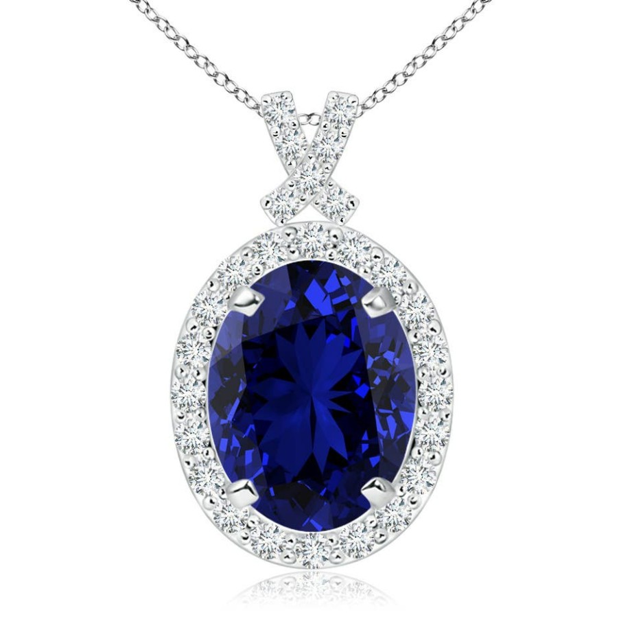 Necklaces Angara Blue Sapphire | Lab-Grown Vintage Style Sapphire Pendant With Lab Diamond Halo