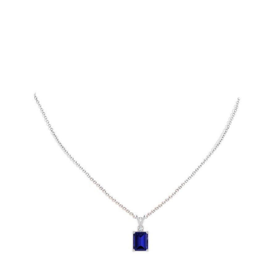 Necklaces Angara Blue Sapphire | Lab-Grown Emerald-Cut Blue Sapphire Solitaire Pendant With Diamond