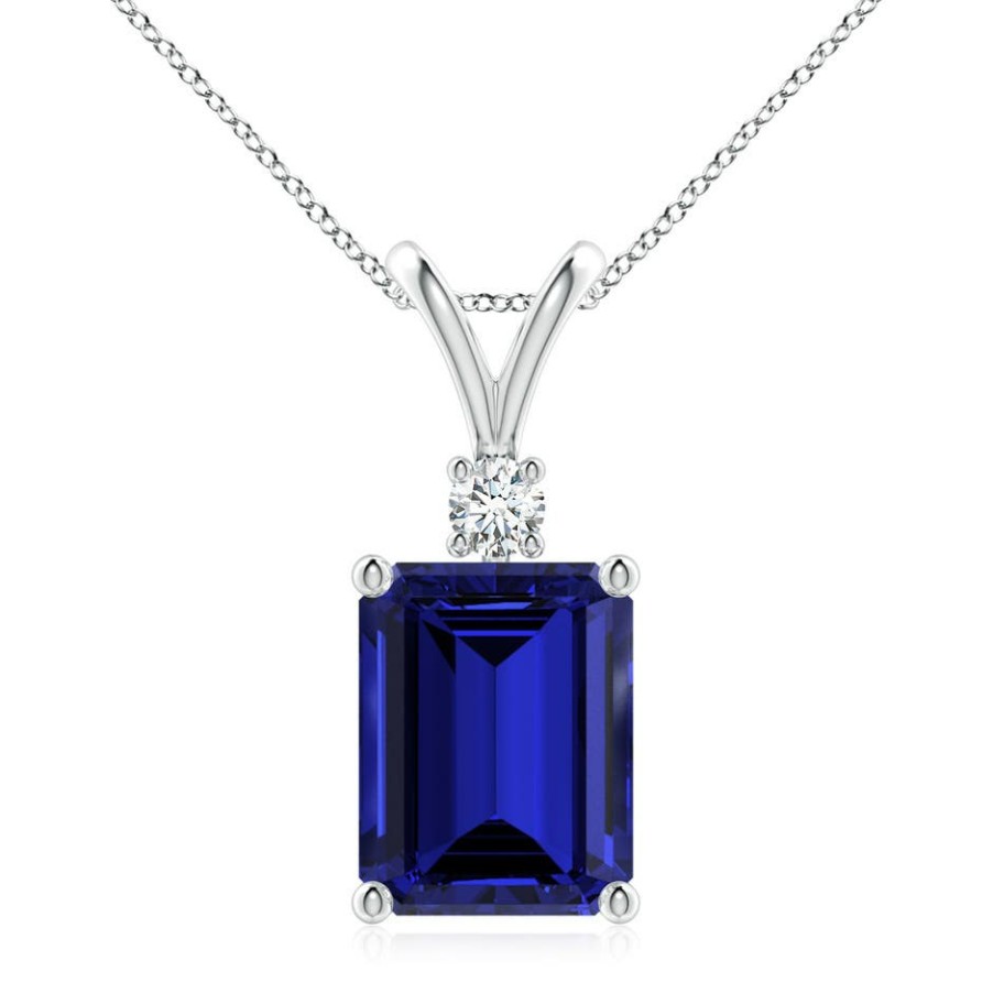 Necklaces Angara Blue Sapphire | Lab-Grown Emerald-Cut Blue Sapphire Solitaire Pendant With Diamond