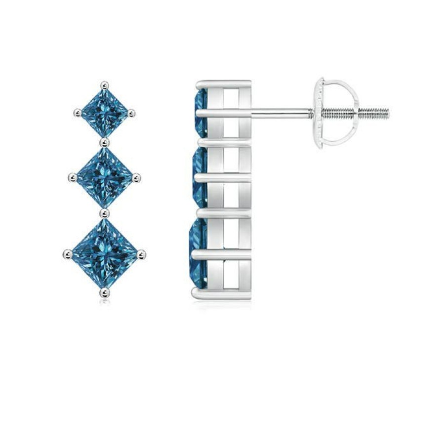 Earrings Angara Enhanced Blue | Princess-Cut Blue Diamond Three Stone Earrings