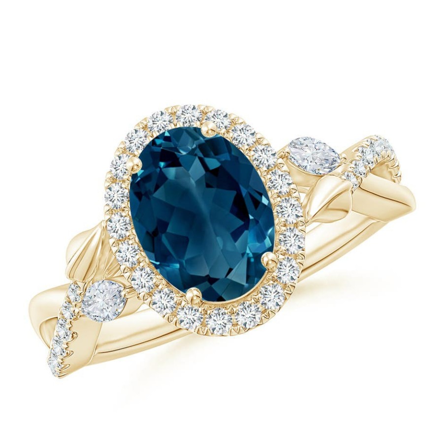 Rings Angara London Blue Topaz | Oval London Blue Topaz Twisted Vine Ring With Diamond Halo