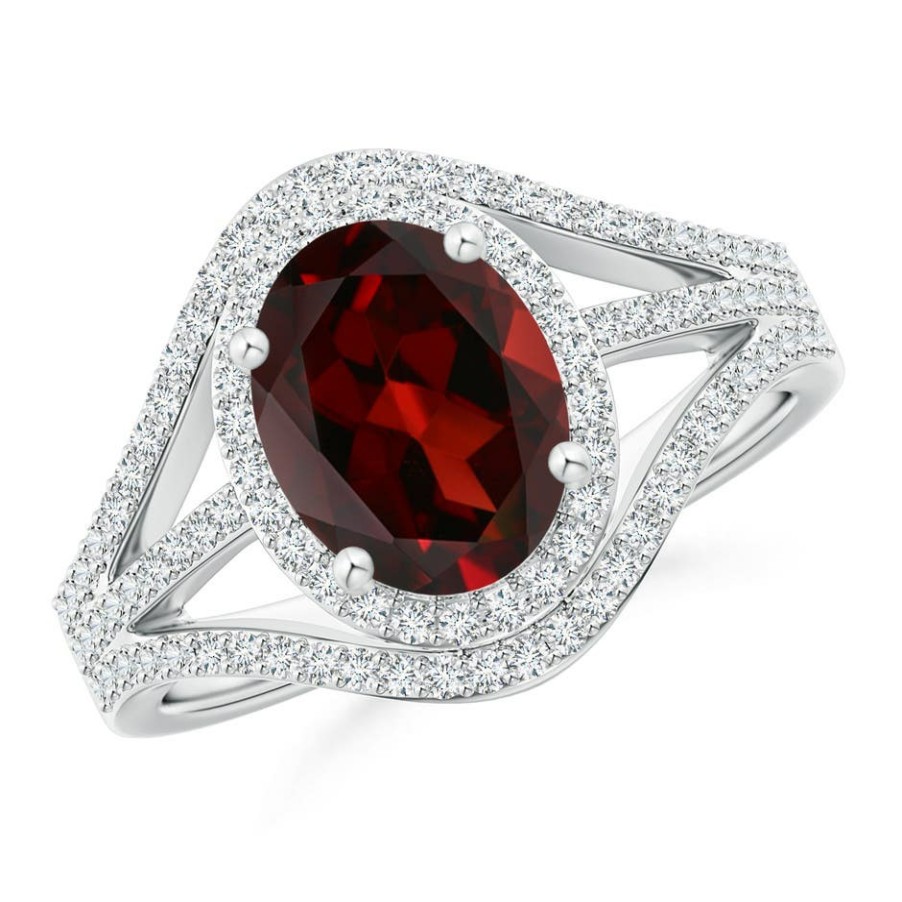 Rings Angara Garnet | Triple Shank Oval Garnet And Diamond Halo Ring