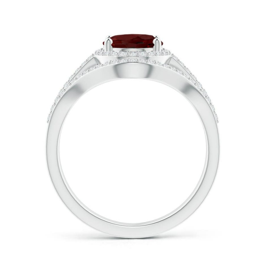 Rings Angara Garnet | Triple Shank Oval Garnet And Diamond Halo Ring