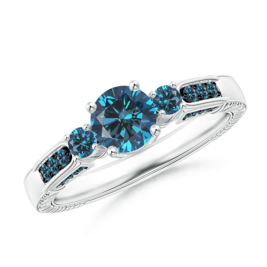 Rings Angara Enhanced Blue | Three Stone Round Blue Diamond Ring