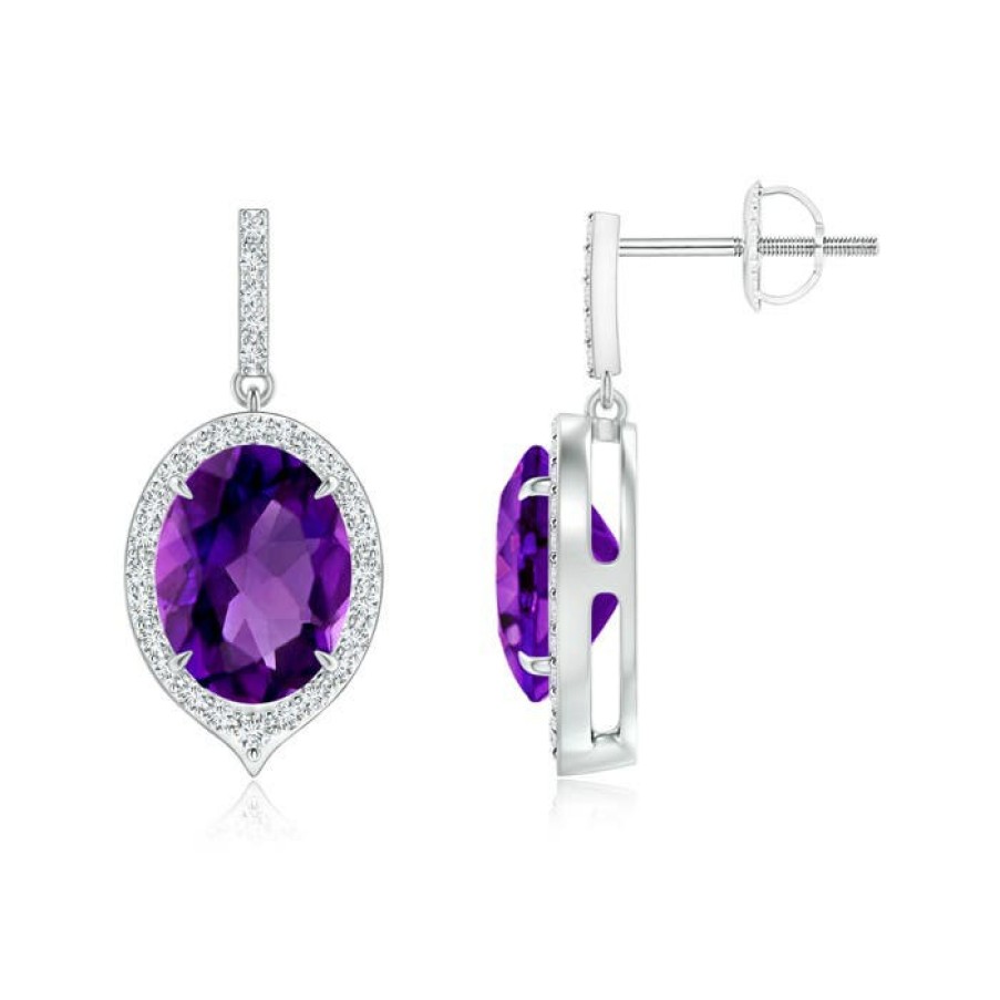 Earrings Angara Amethyst | Claw-Set Oval Amethyst And Diamond Halo Earrings