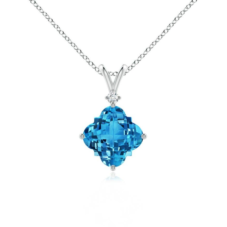 Necklaces Angara Swiss Blue Topaz | Solitaire Clover-Shaped Swiss Blue Topaz V-Bale Pendant