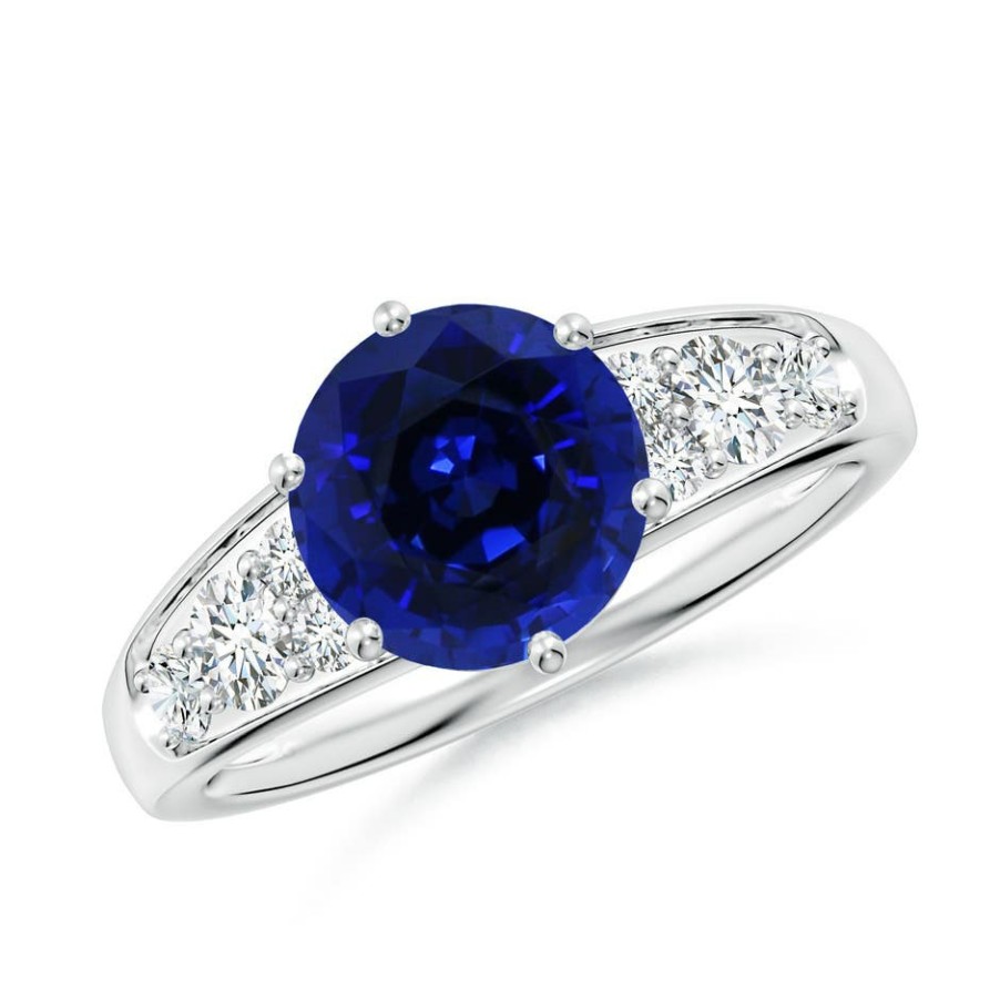 Rings Angara Blue Sapphire | Lab-Grown Round Blue Sapphire Engagement Ring With Lab Diamonds