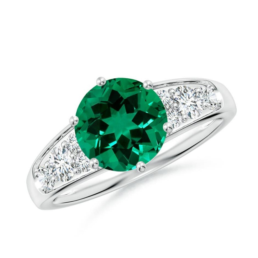 Rings Angara Emerald | Lab-Grown Round Emerald Engagement Ring With Lab Diamonds