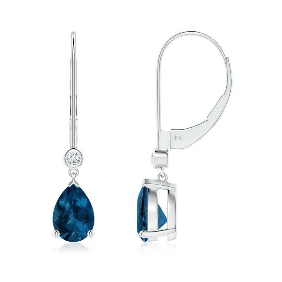 Earrings Angara London Blue Topaz | Pear-Shaped London Blue Topaz Leverback Drop Earrings With Diamond