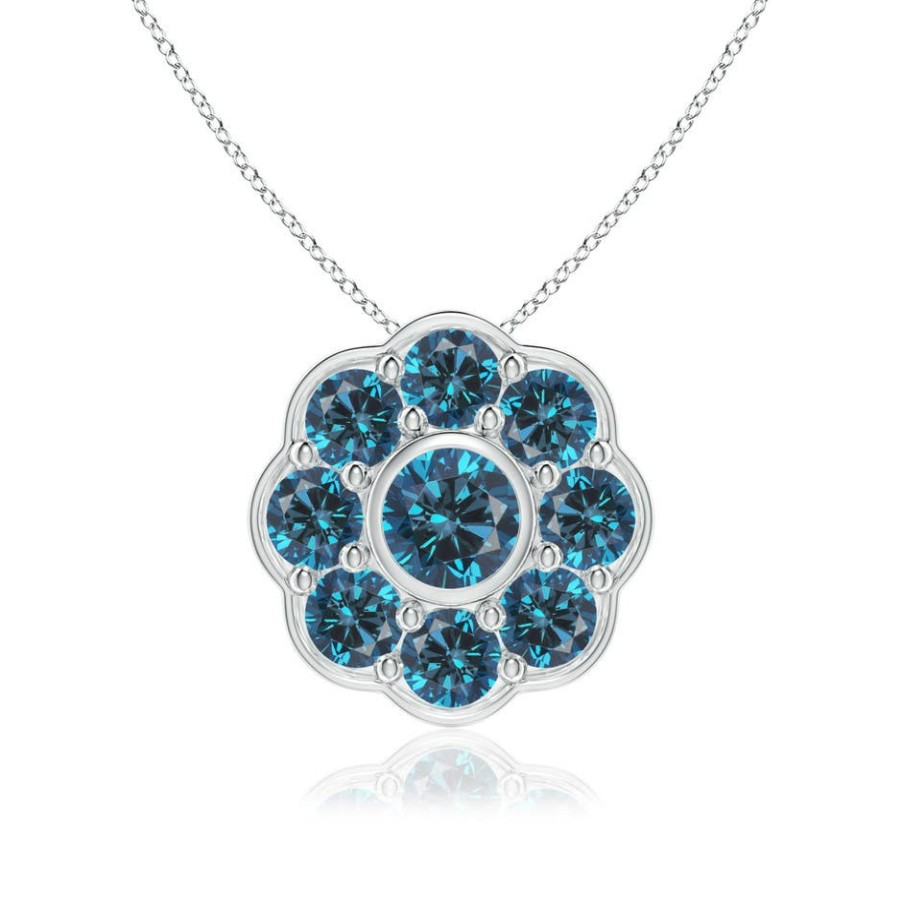 Necklaces Angara Enhanced Blue | Bezel And Pave Set Round Blue Diamond Floral Pendant