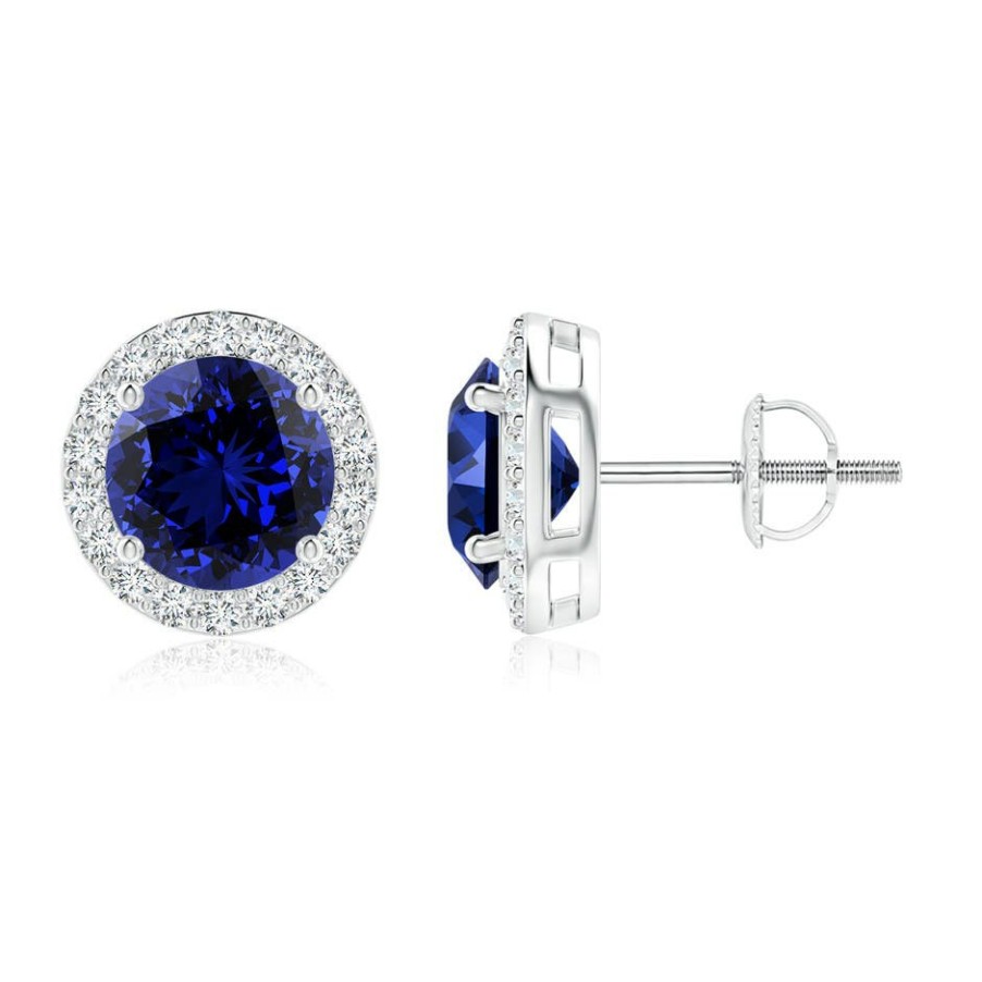 Earrings Angara Blue Sapphire | Lab-Grown Vintage-Inspired Round Blue Sapphire Halo Stud Earrings