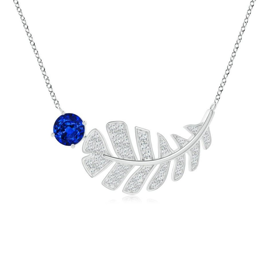 Necklaces Angara Blue Sapphire | Sapphire Virgo Feather Pendant With Pave Diamonds