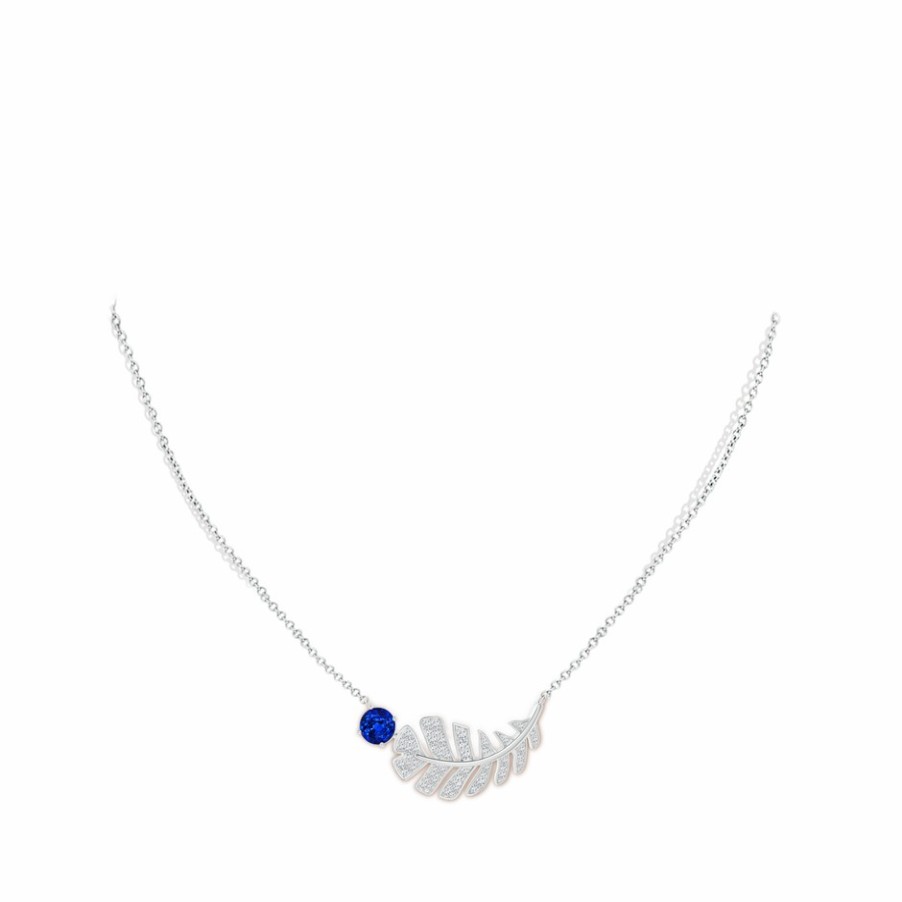 Necklaces Angara Blue Sapphire | Sapphire Virgo Feather Pendant With Pave Diamonds