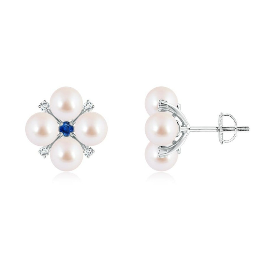 Earrings Angara Akoya Pearl | Japanese Akoya Pearl Floral Studs With Blue Sapphire