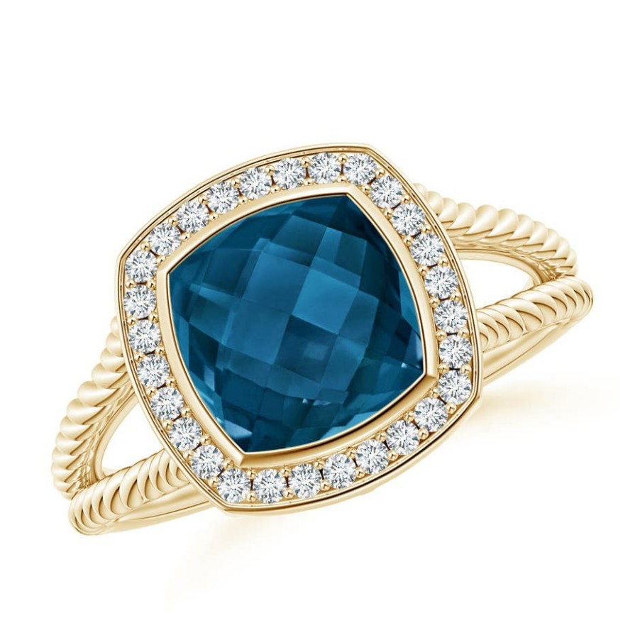 Rings Angara London Blue Topaz | Cushion London Blue Topaz Twisted Rope Ring With Diamond Halo