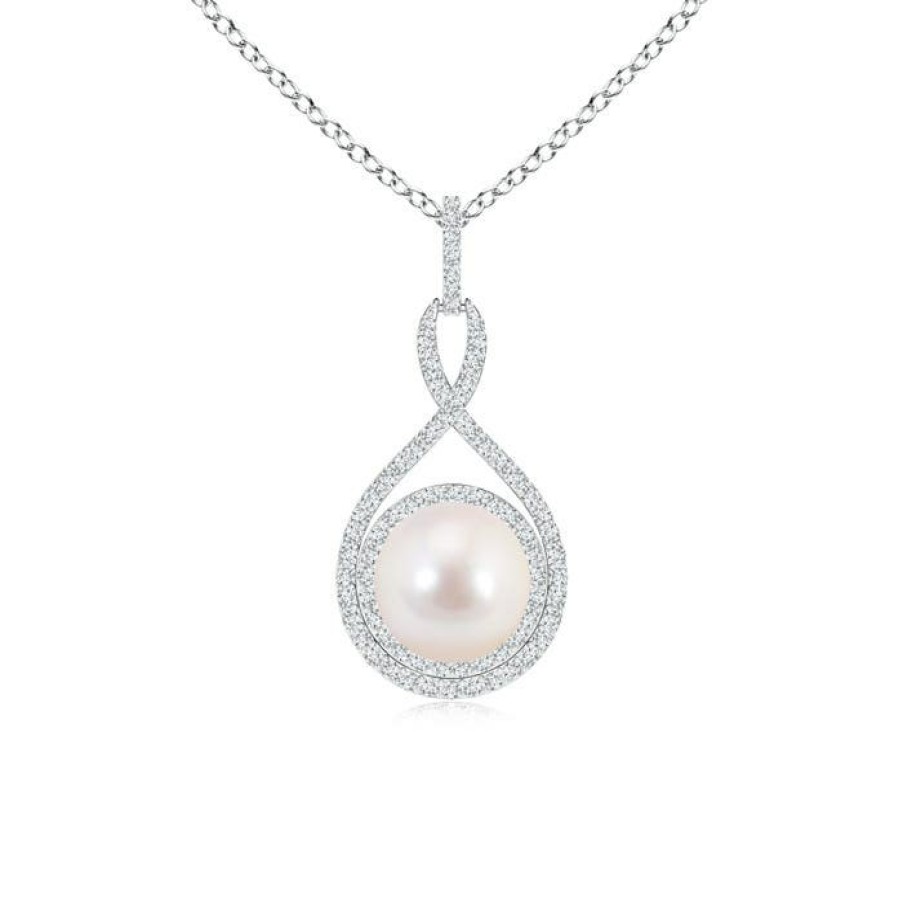 Necklaces Angara Akoya Pearl | Japanese Akoya Pearl Infinity Pendant With Diamond Halo