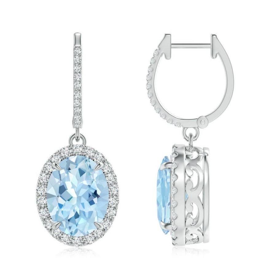 Earrings Angara Aquamarine | Oval Aquamarine Dangle Earrings With Diamond Halo