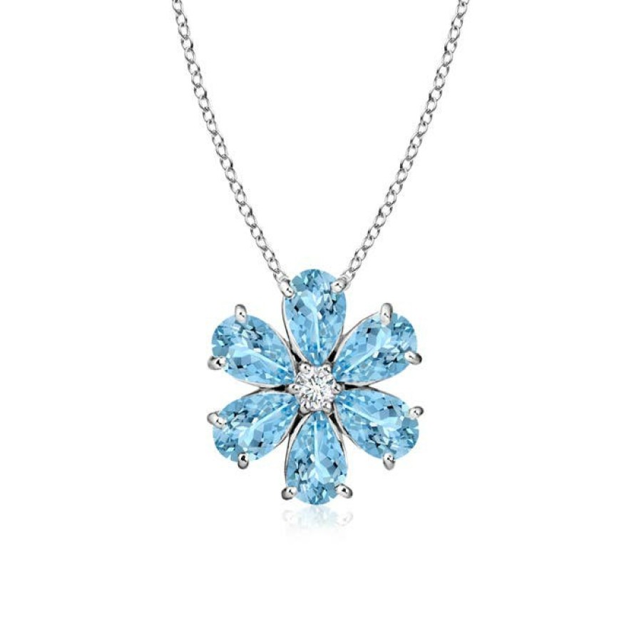 Necklaces Angara Aquamarine | Aquamarine Flower Cluster Pendant With Diamond