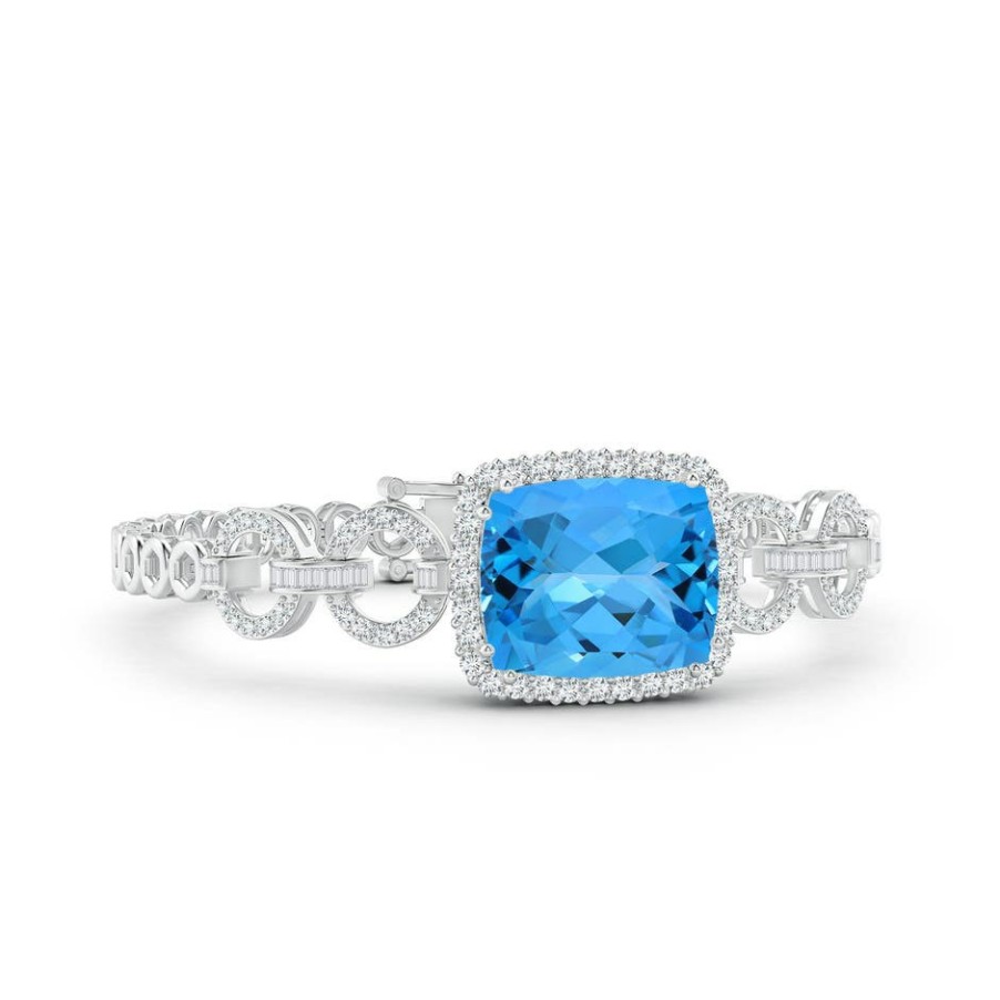 Bracelets Angara Swiss Blue Topaz | Gia Certified Rectangular Cushion Swiss Blue Topaz Multi-Link Bracelet With Halo