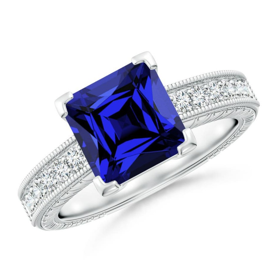 Rings Angara Blue Sapphire | Lab-Grown Square Cut Blue Sapphire Solitaire Ring With Milgrain Detailing