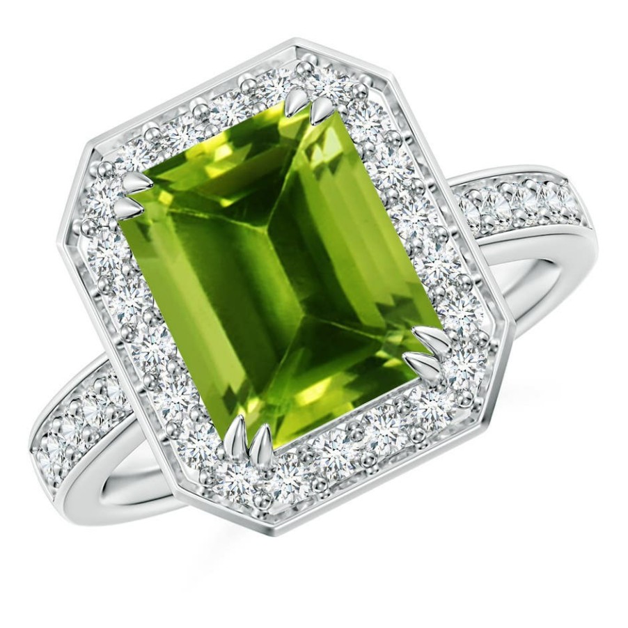 Rings Angara Peridot | Emerald-Cut Peridot Engagement Ring With Diamond Halo