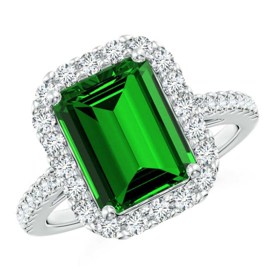 Rings Angara Emerald | Lab-Grown Emerald-Cut Emerald Halo Ring