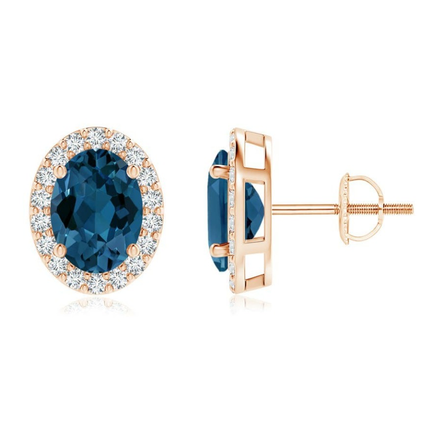 Earrings Angara London Blue Topaz | Oval London Blue Topaz Stud Earrings With Diamond Halo